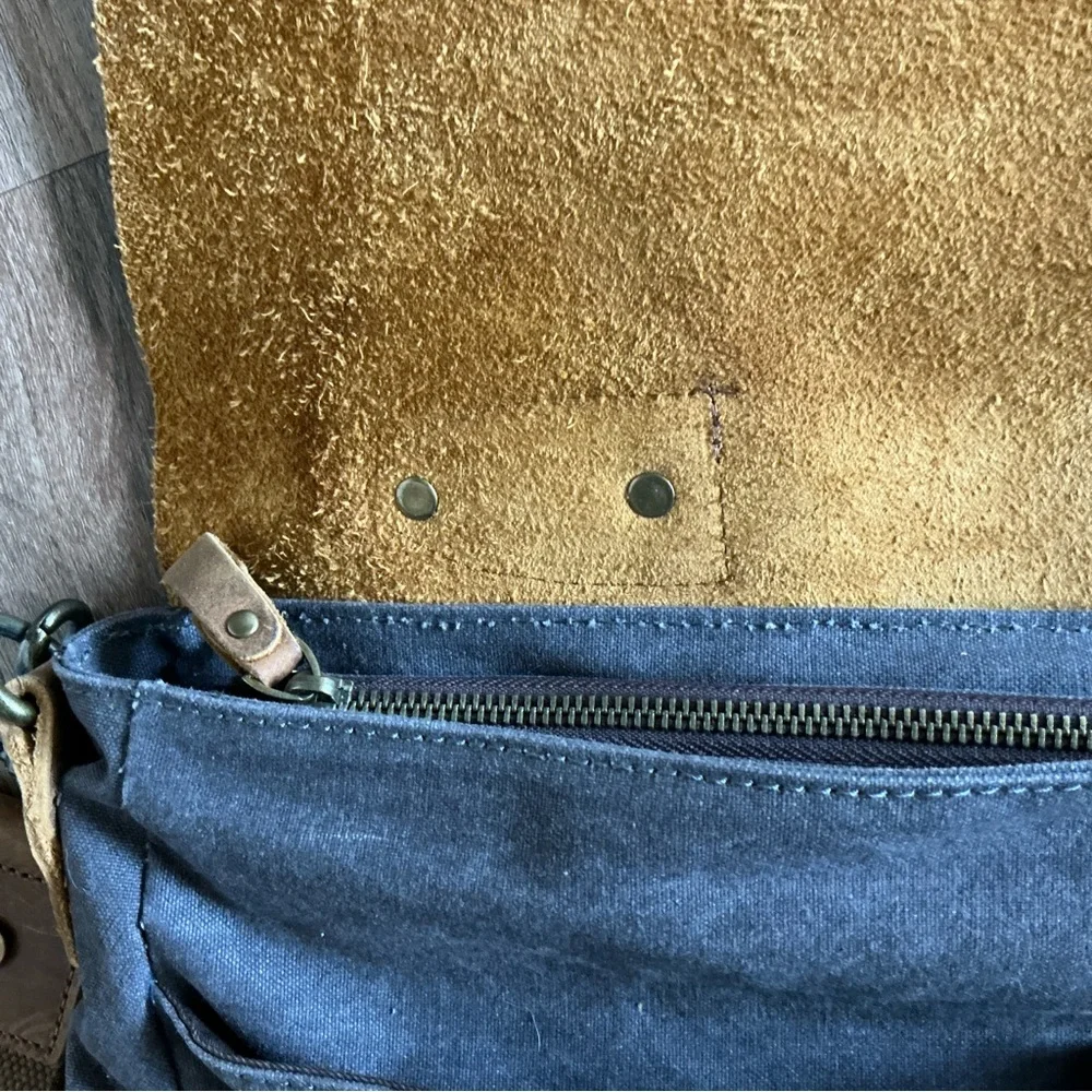 Messenger Bag VASCHY Brown Leather Denim Canvas Computer Pockets Crossbody Tote
